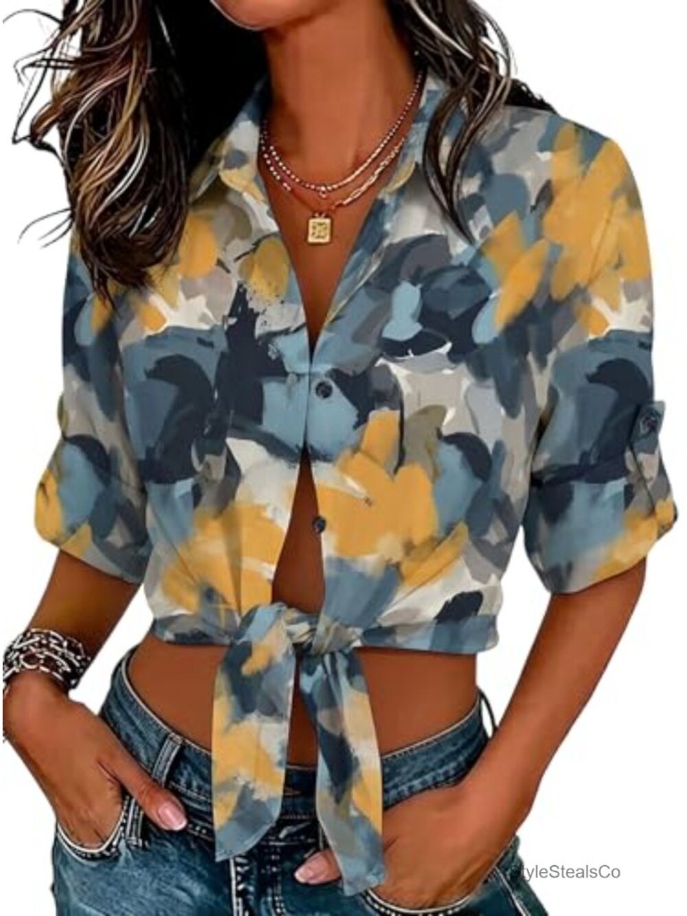 3/4 Sleeve Denim Crop Top Cowgirl Tie Front Knot Chambray Button Down Shirt